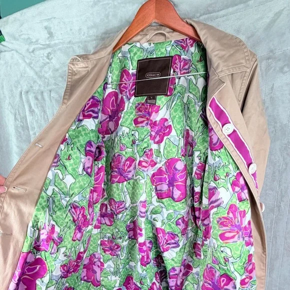 Coach women’s trench coat size large floral signature lining beige - Picture 5 of 9
